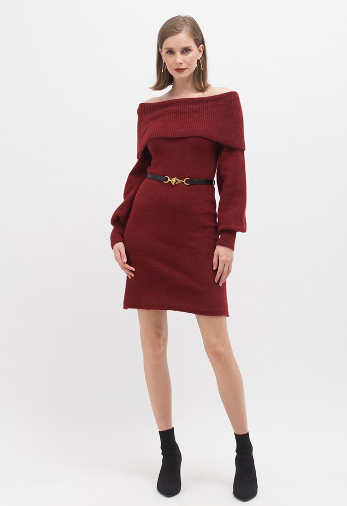 Off-Shoulder Soft Knit Belted Mini Dress in Red