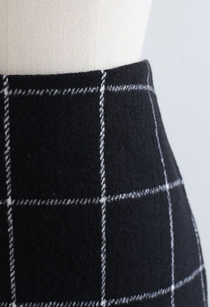Black Grid Wool-Blend Mini Bud Skirt - Retro, Indie and Unique Fashion