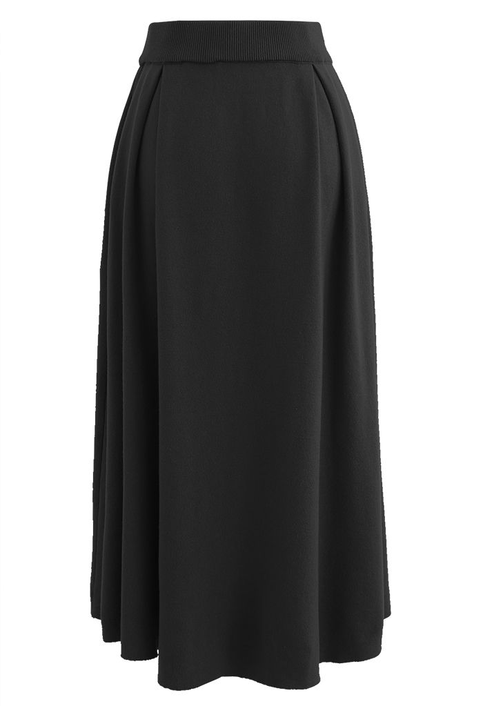 All-Match Flap A-Line Knit Skirt in Black