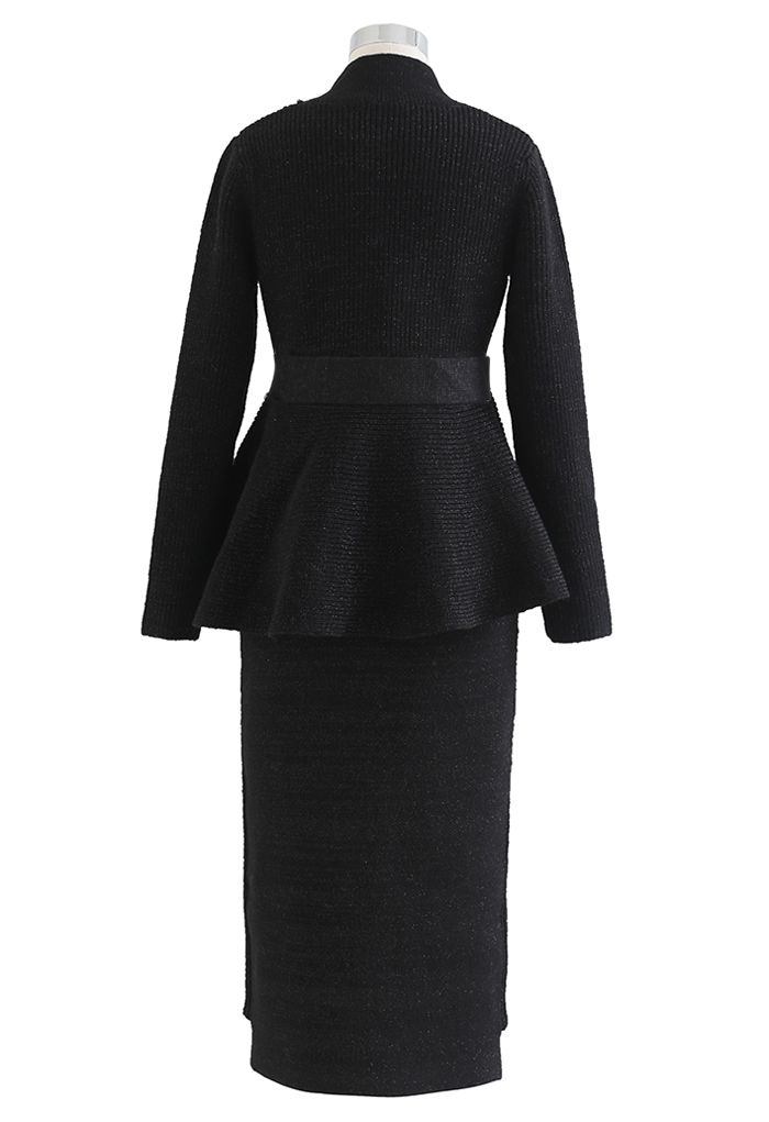 Shimmer Knit Peplum Sweater and Pencil Skirt Set in Black