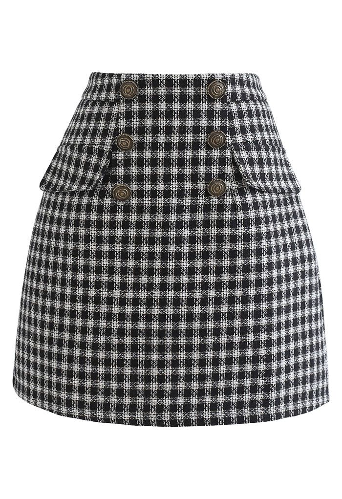 Gingham Pattern Shimmer Tweed Mini Skirt in Black