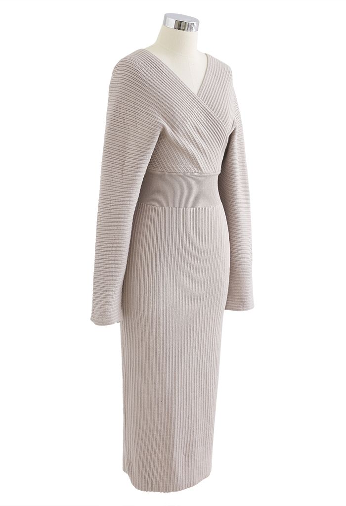 Long Sleeve Wrapped Bodycon Knit Midi Dress in Taupe