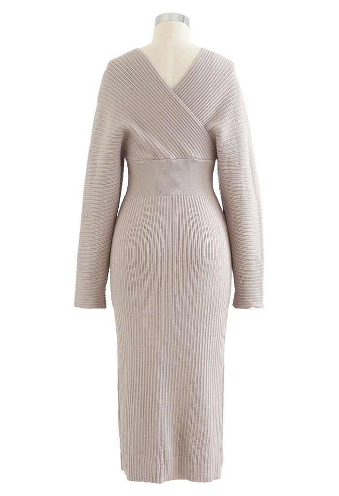 Long Sleeve Wrapped Bodycon Knit Midi Dress in Taupe