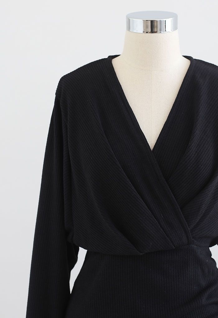 V-Neck Ruched Side Wrap Mini Knit Dress in Black