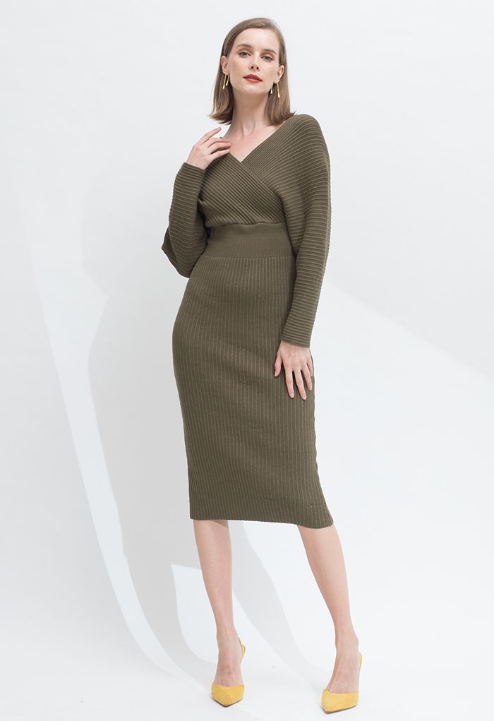 Long Sleeve Wrapped Bodycon Knit Midi Dress in Army Green