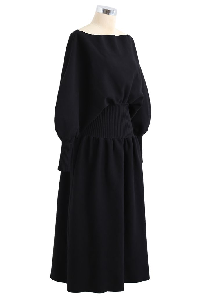 Off-Shoulder Dolman Sleeves Knit Dress in Black