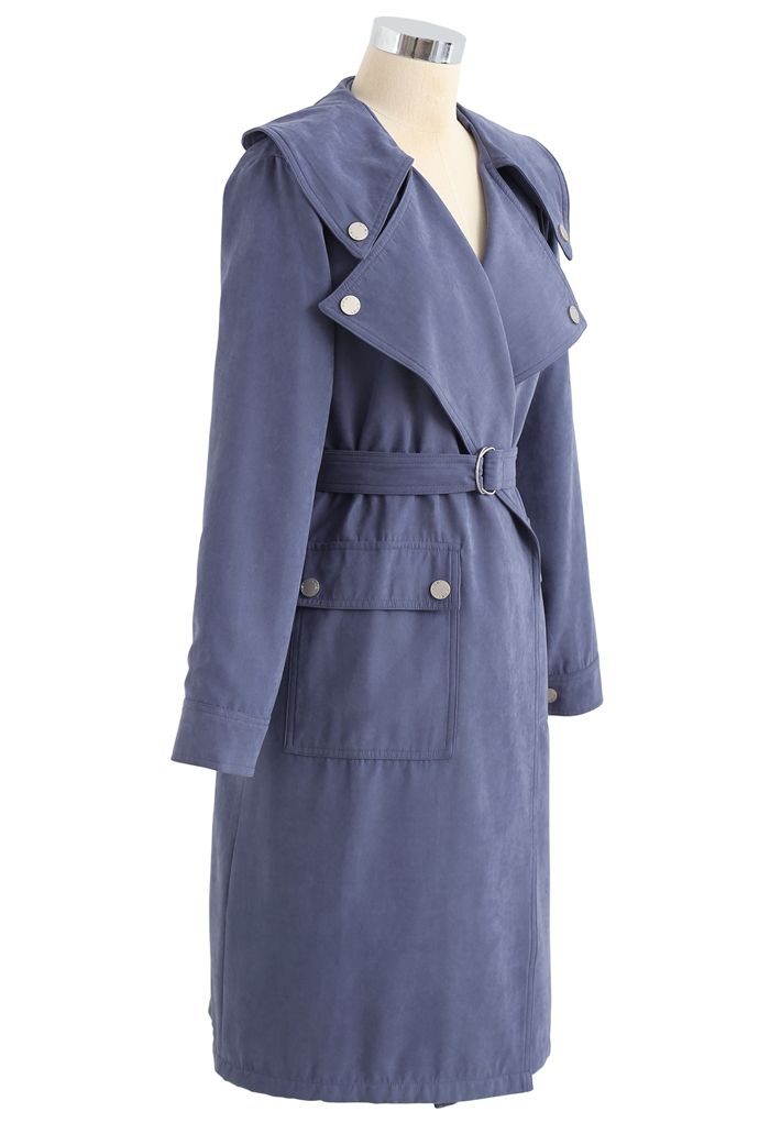 Suede Pocket Belted Trench Coat in Blue