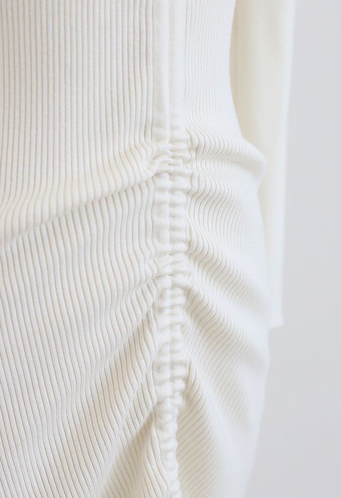 Drawstring Front Frill Hem Knit Midi Dress in White