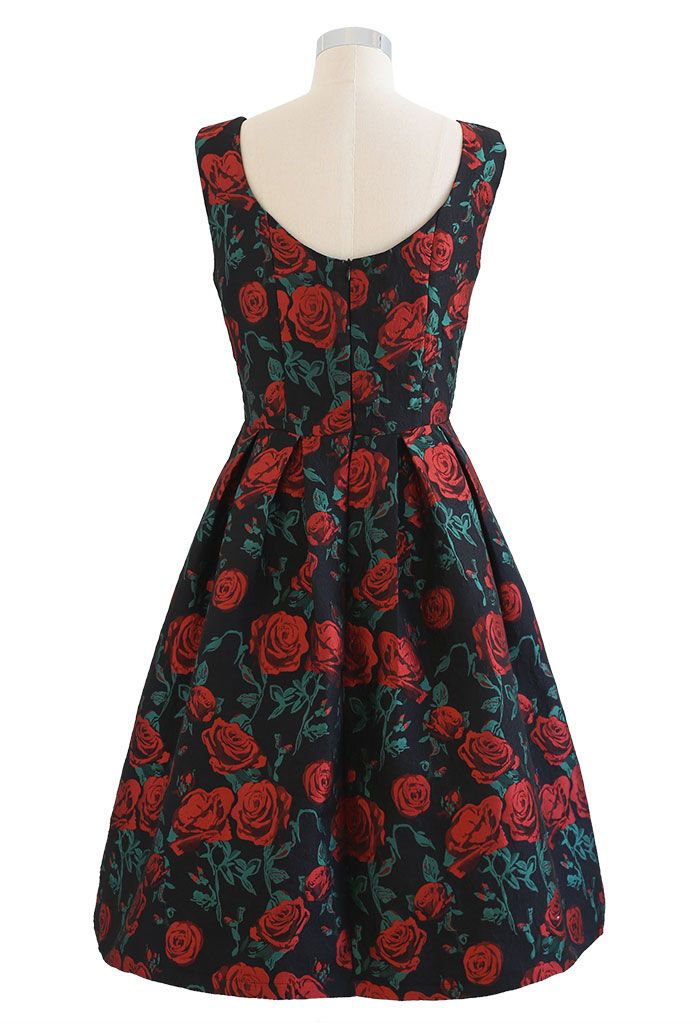 Glam Red Rose Jacquard Pleated Midi Dress