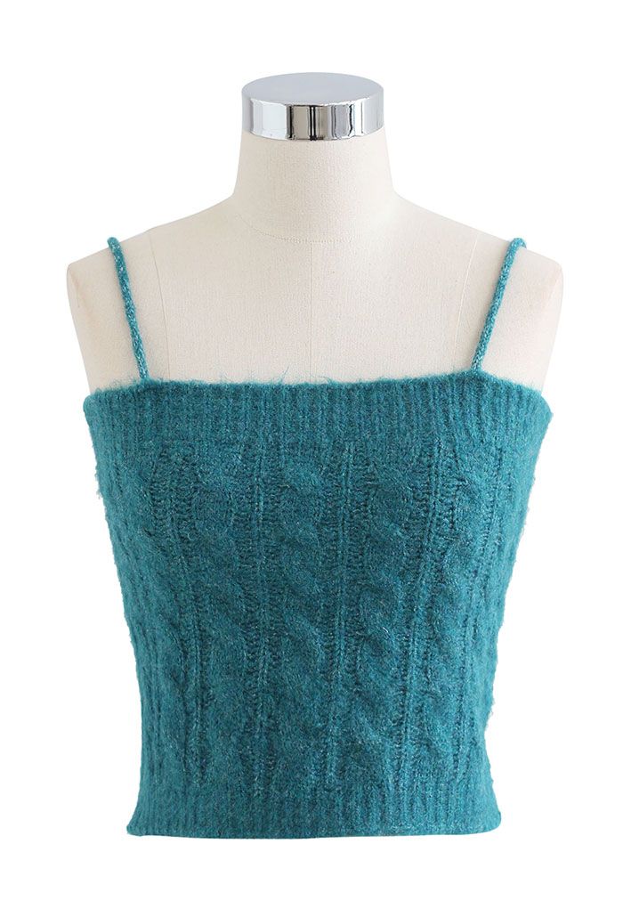 Braid Knit Cami Top and Crop Cardigan Set in Teal
