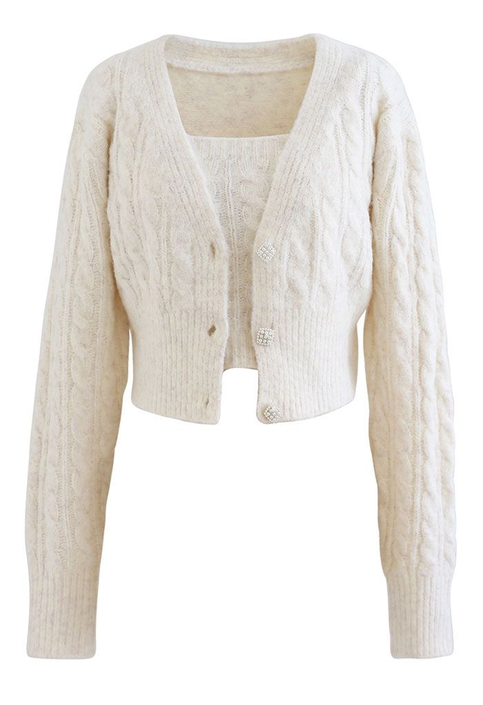 Braid Knit Cami Top and Crop Cardigan Set in Ivory