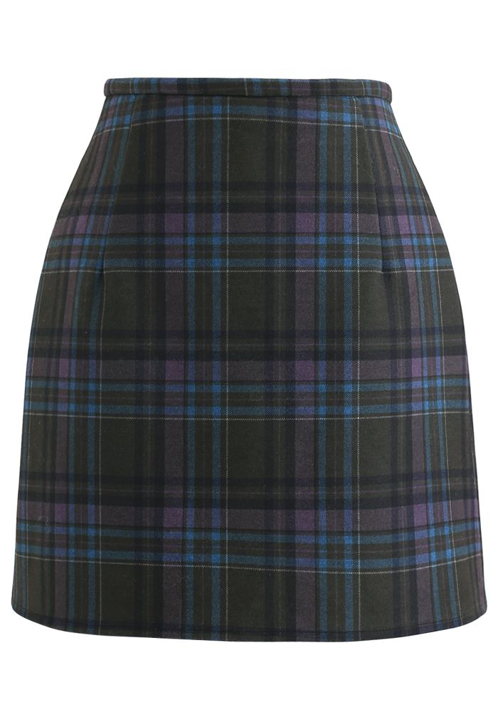 Wool-Blend Check Print Mini Skirt in Plum