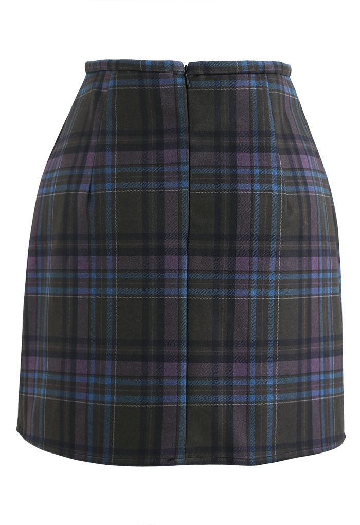 Wool-Blend Check Print Mini Skirt in Plum