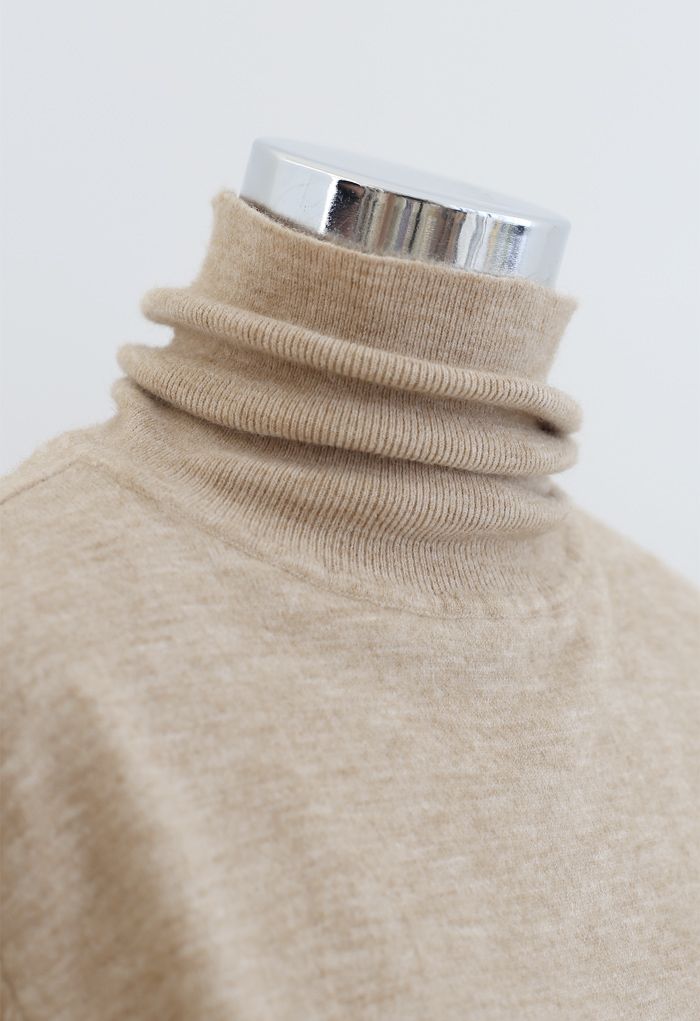 Turtleneck Soft Touch Ribbed Knit Sweater in Light Tan