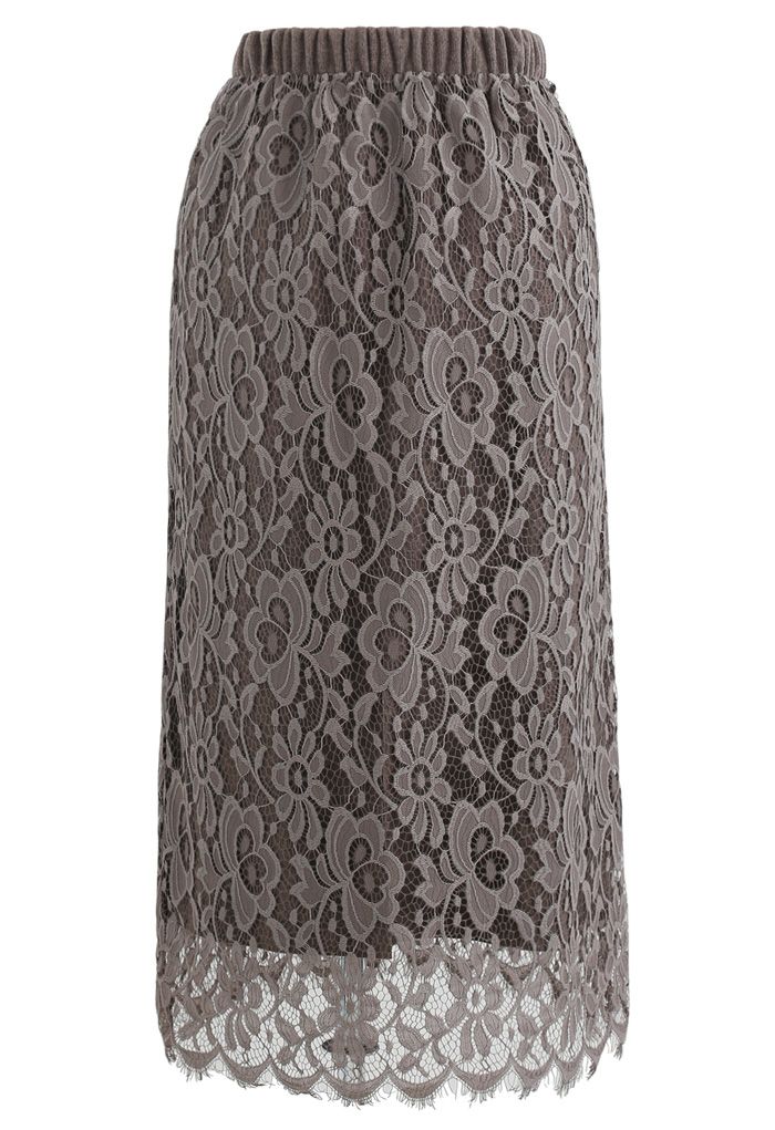 Reversible Soft Knit Lace Midi Skirt in Taupe