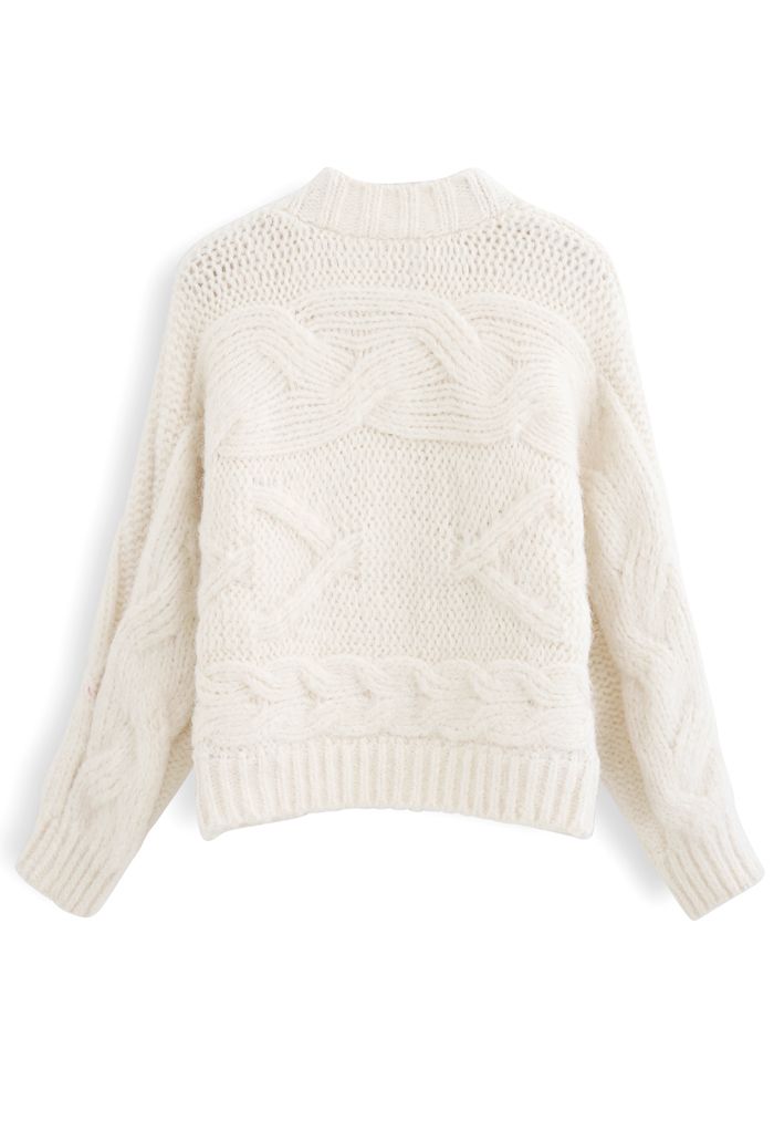 Cable Knit Chunky Buttoned Cardigan in Ivory