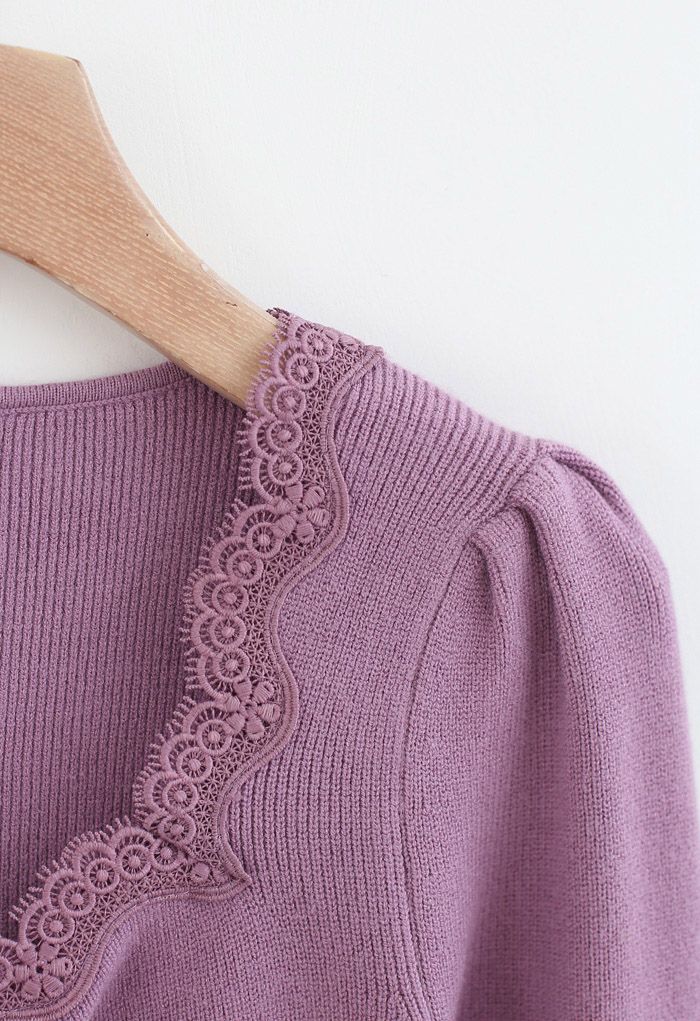 Sweetheart Lace Neck Knit Top in Purple