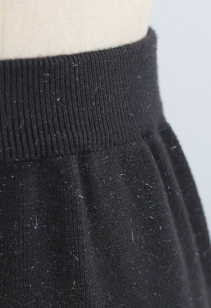 Metallic Thread Slit Back Rib Knit Skirt in Smoke