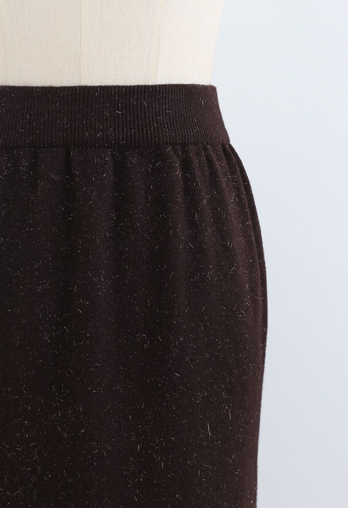 Metallic Thread Slit Back Rib Knit Skirt in Brown