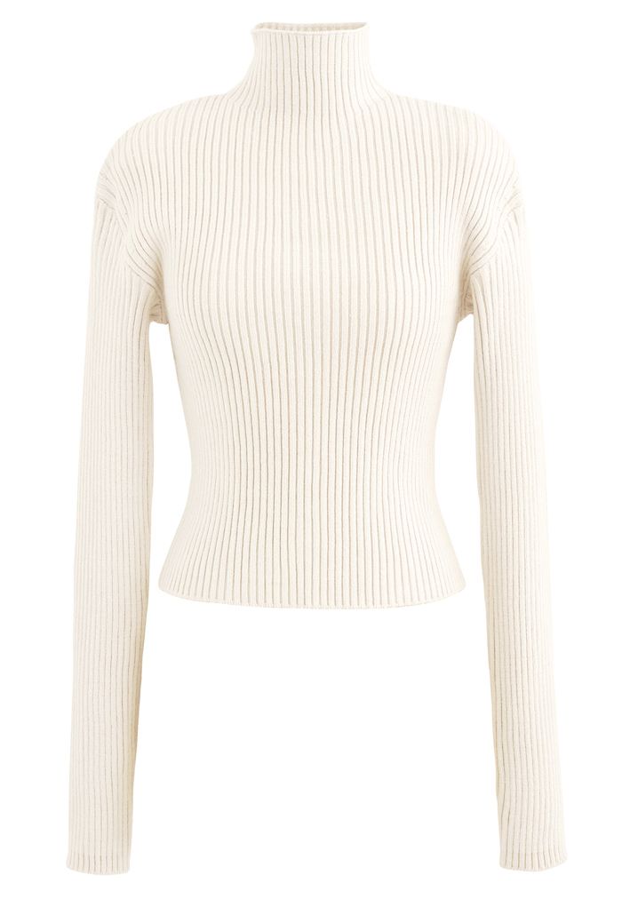 Padded Shoulder Ribbed Knit Sweater in Ivory
