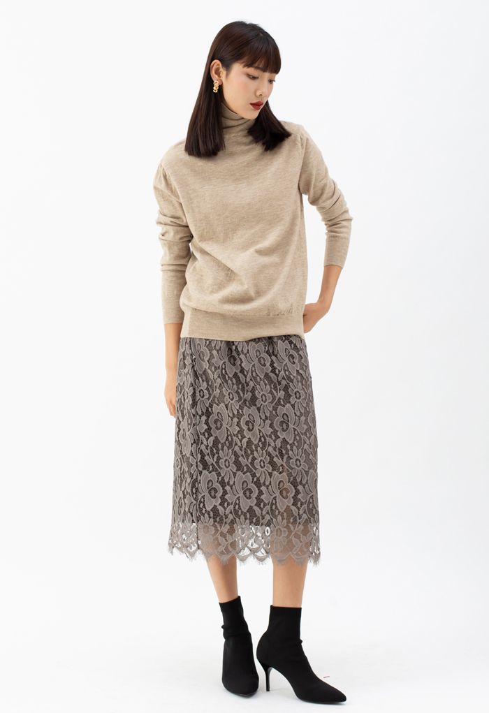 Turtleneck Soft Touch Ribbed Knit Sweater in Light Tan