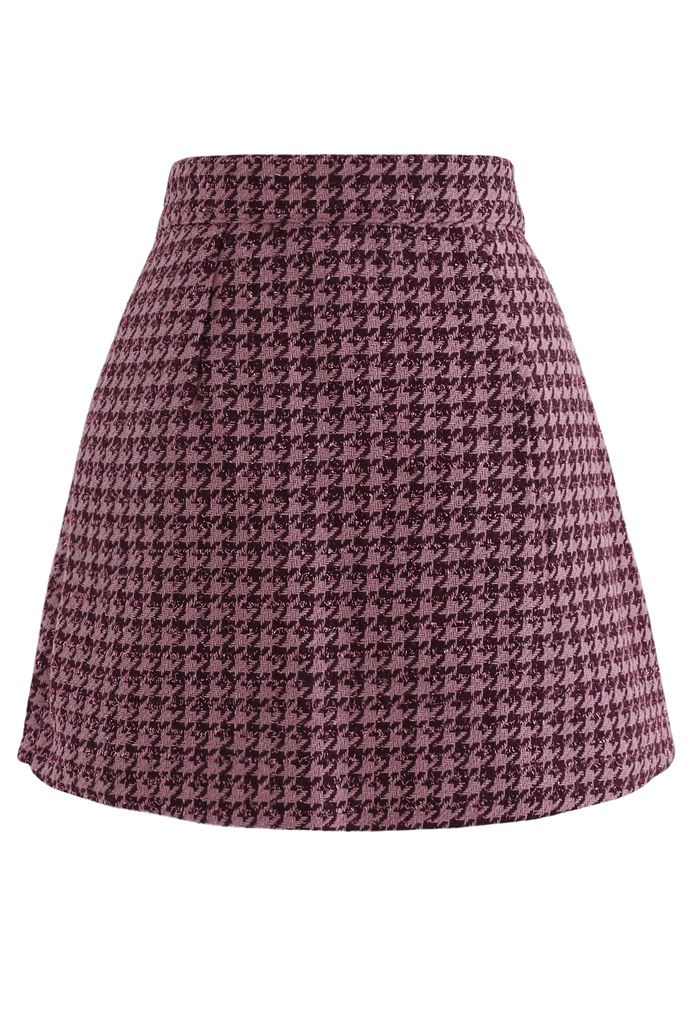 Houndstooth Tweed Asymmetric Mini Skirt in Hot Pink