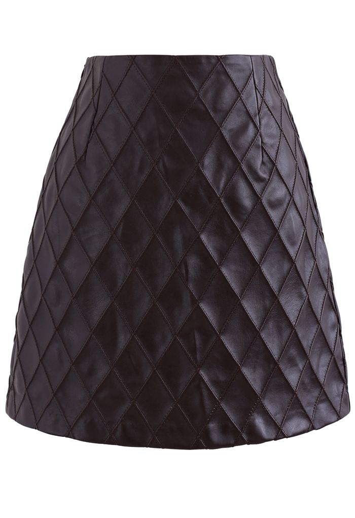 Diamond Textured Faux Leather Bud Skirt in Brown