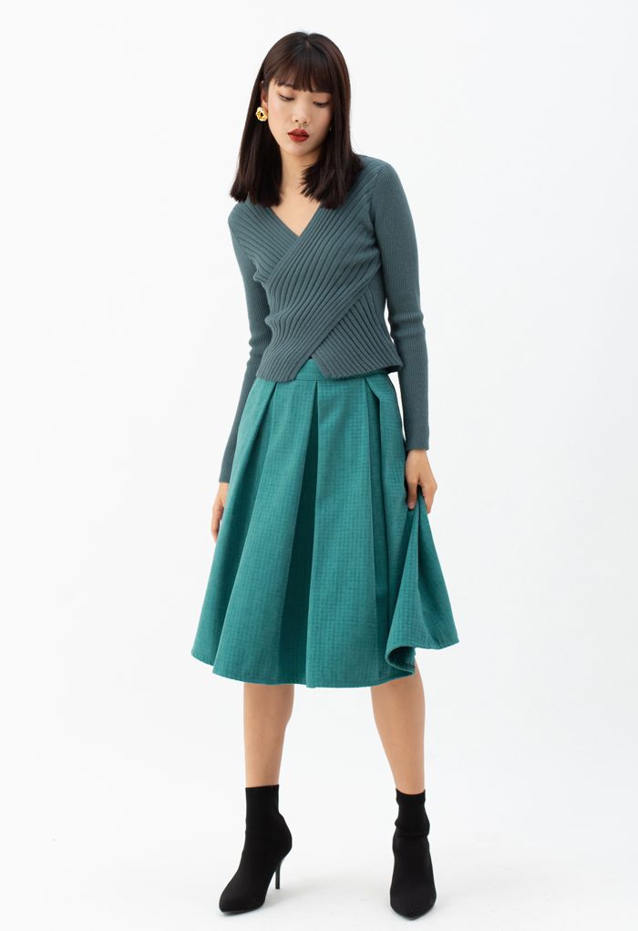 Crisscross Fitted Rib Knit Top in Teal