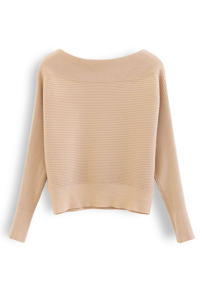Boat Neck Long Sleeve Rib Knit Top in Apricot