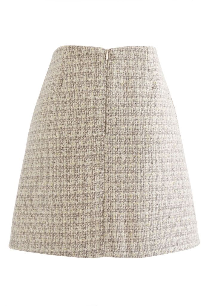 Metallic Check Tweed Mini Bud Skirt in Khaki