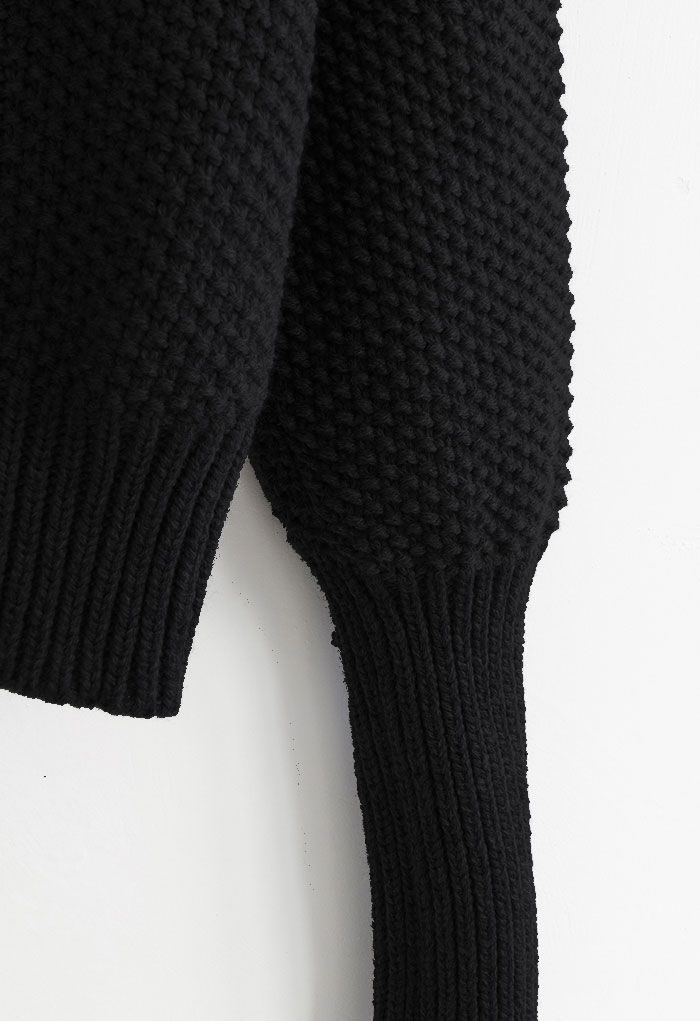High Neck Waffle Knit Crop Sweater in Black