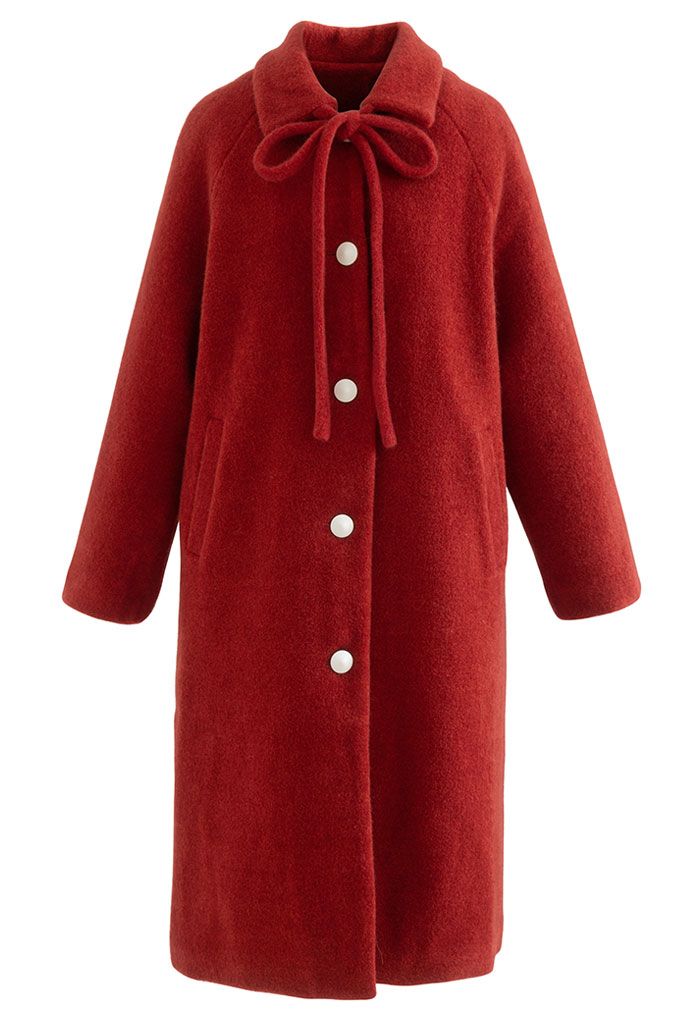 Self-Tie Bowknot Button Down Longline Coat in Red