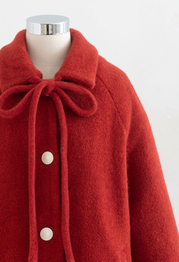 Self-Tie Bowknot Button Down Longline Coat in Red