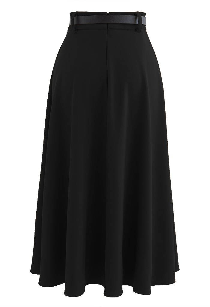 Versatile A-Line Belted Midi Skirt in Black - Retro, Indie and Unique ...