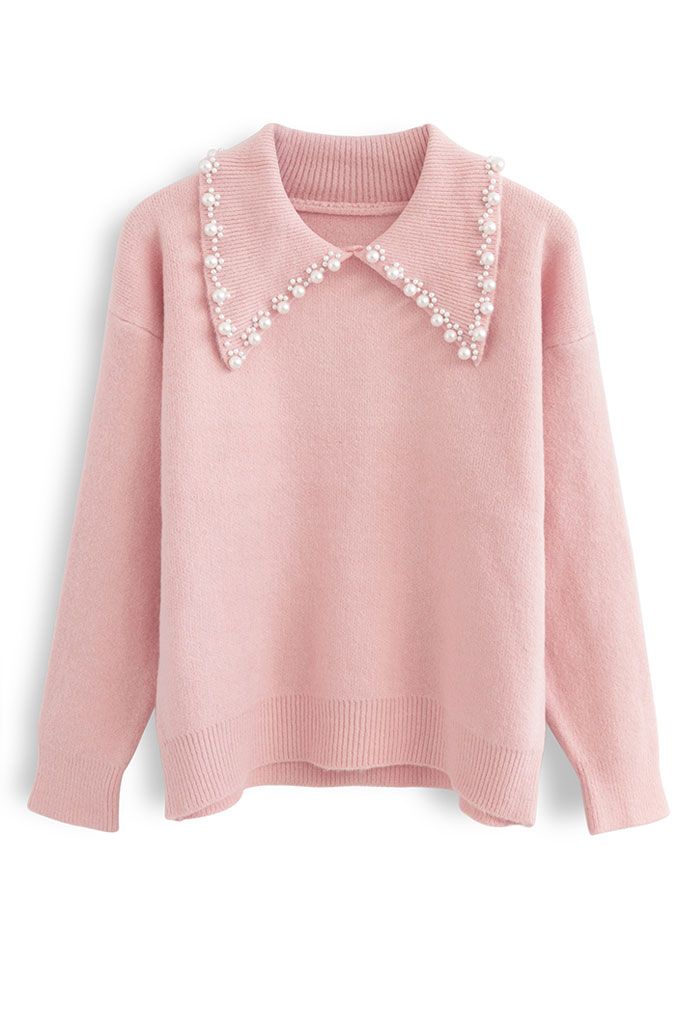 Pearl Trims Collar Soft Touch Knit Sweater in Pink