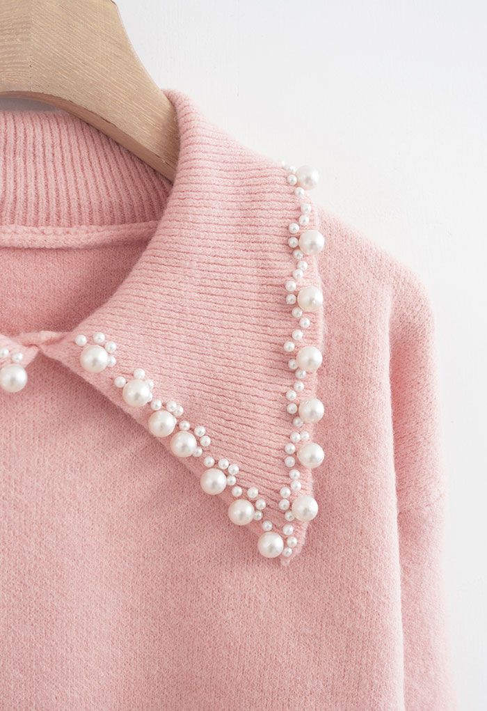 Pearl Trims Collar Soft Touch Knit Sweater in Pink