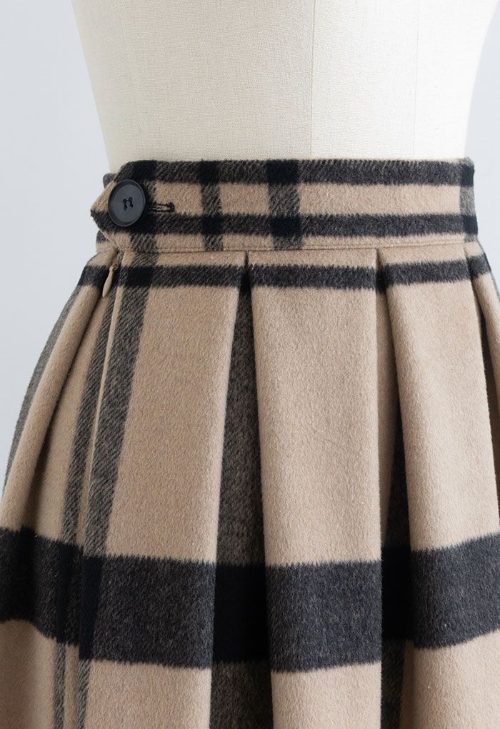 Grid Print Wool-Blend Pleated Midi Skirt