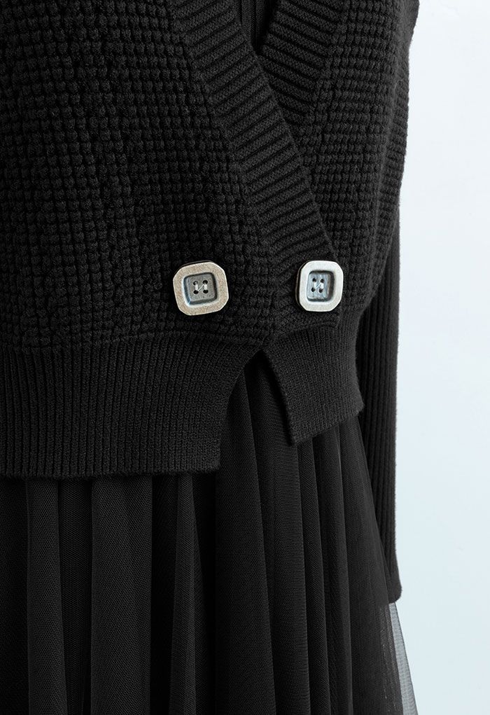 Waffle Vest and Mesh Spliced Knit Dress Set in Black