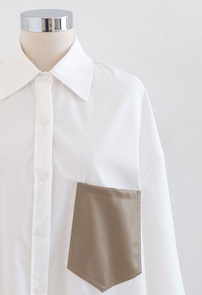 Faux Leather Pocket Button Down Shirt in White