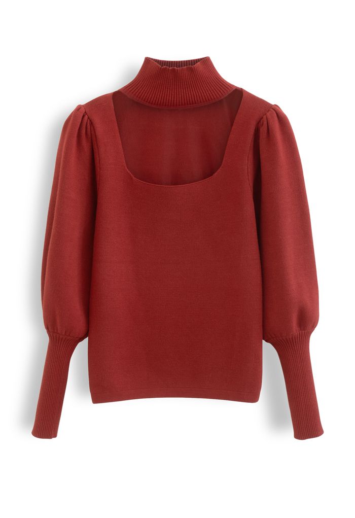 Mesh Spliced Puff Sleeve Knit Top in Red