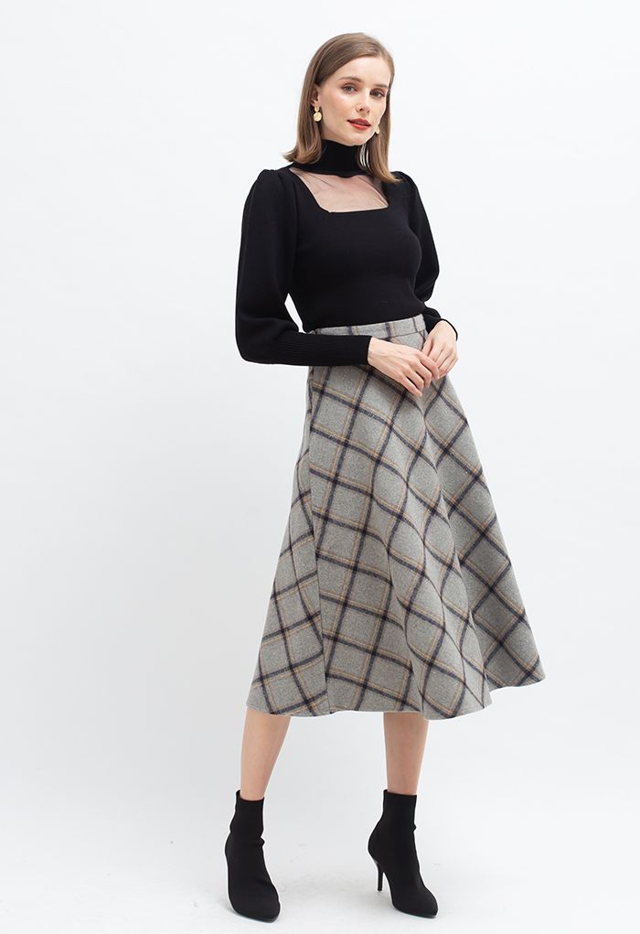 Retro Diamond Check Print Wool-Blend Midi Skirt