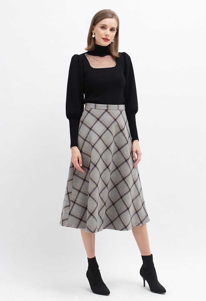 Retro Diamond Check Print Wool-Blend Midi Skirt