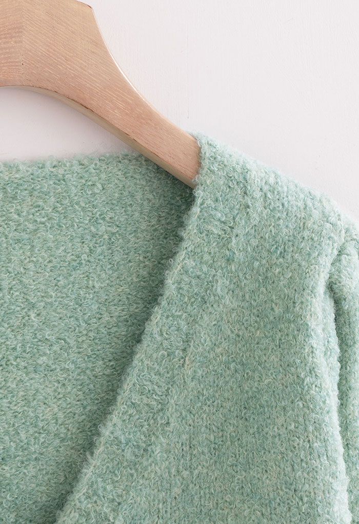 Button Front Fuzzy Knit Cardigan in Mint