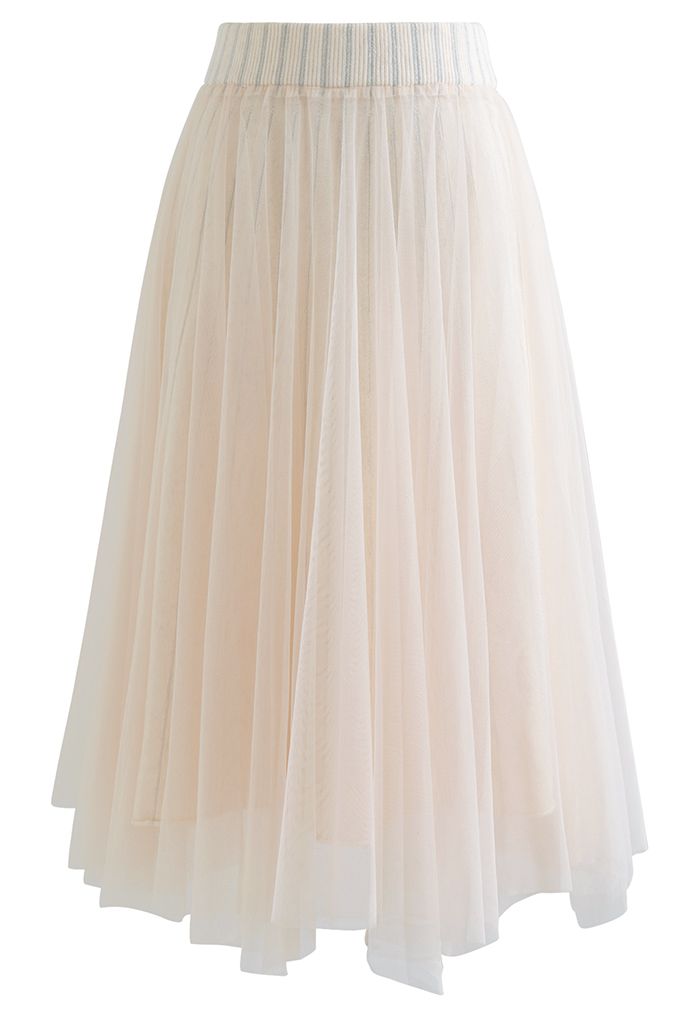 Reversible Shimmer Line Mesh Tulle Skirt in Cream