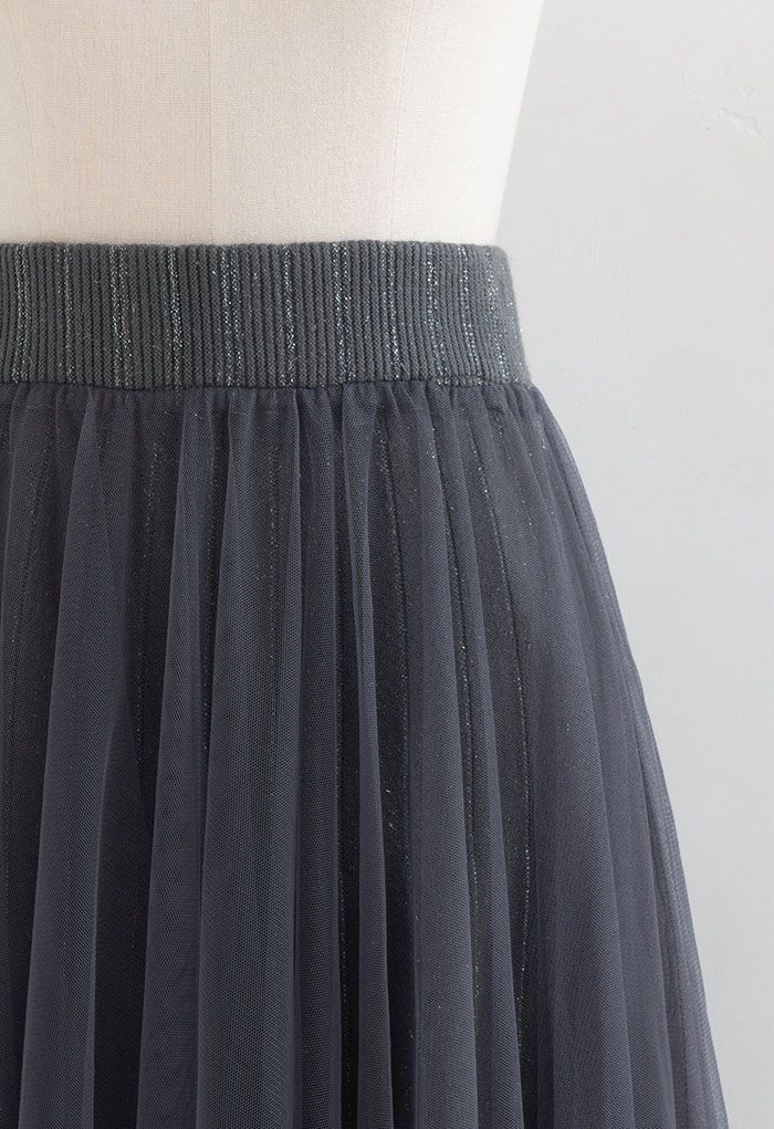 Reversible Shimmer Line Mesh Tulle Skirt in Grey
