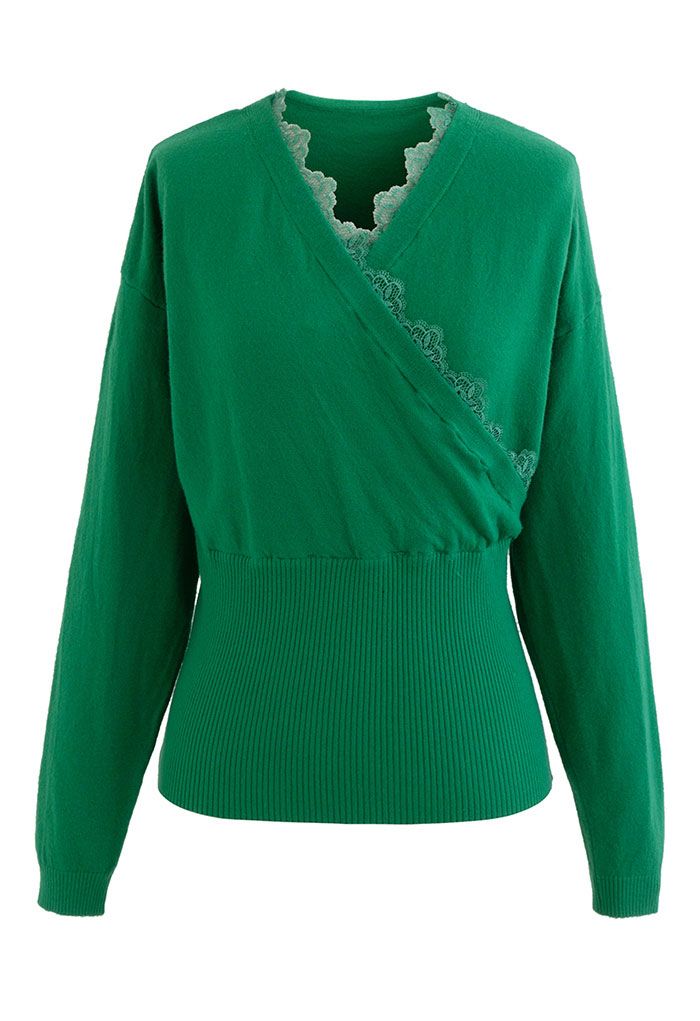 Lacy Edge Wrap Knit Top in Green