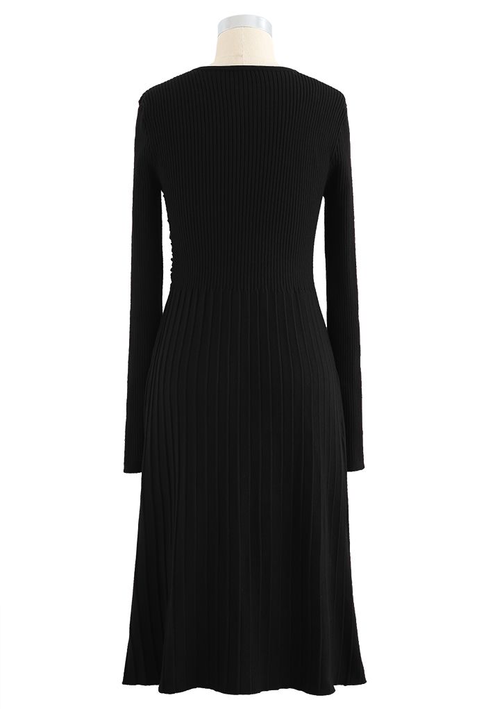 Mesh Overlay Square Neck Rib Knit Dress in Black