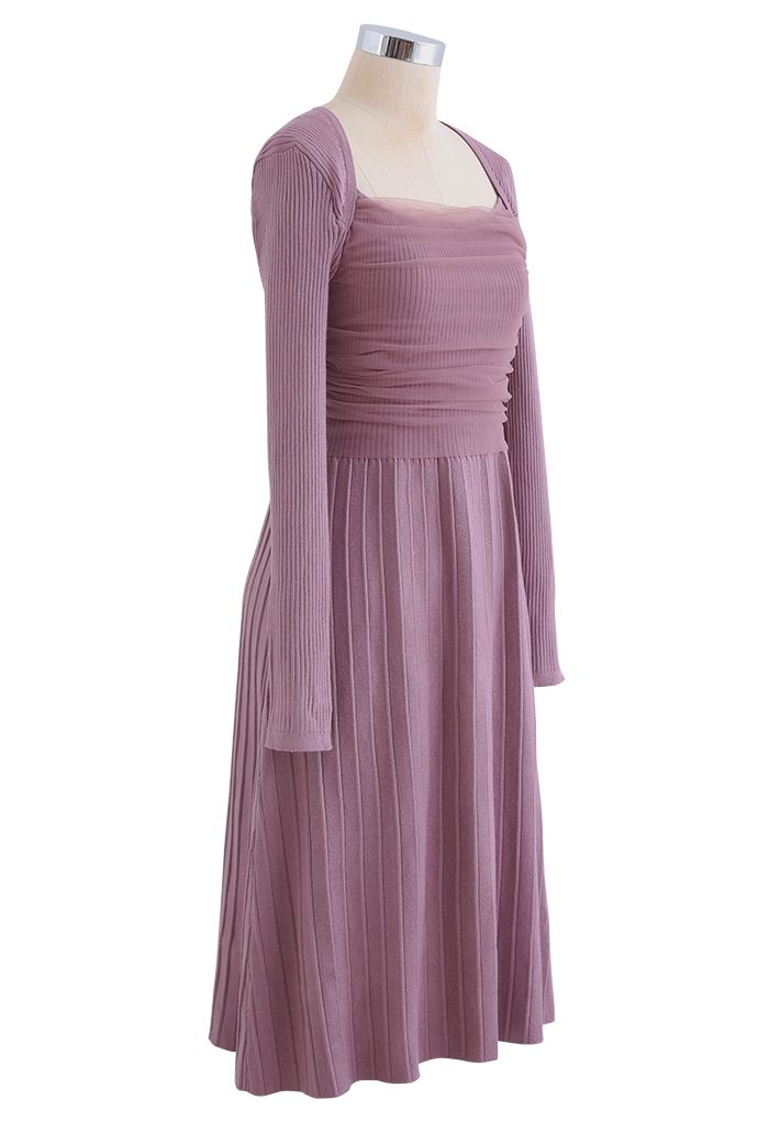 Mesh Overlay Square Neck Rib Knit Dress in Lilac