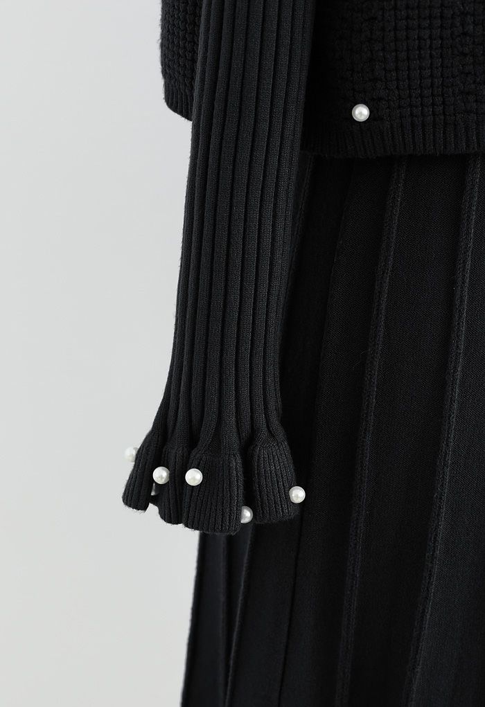 Pearl Trim Pleated Knit Twinset Dress in Black