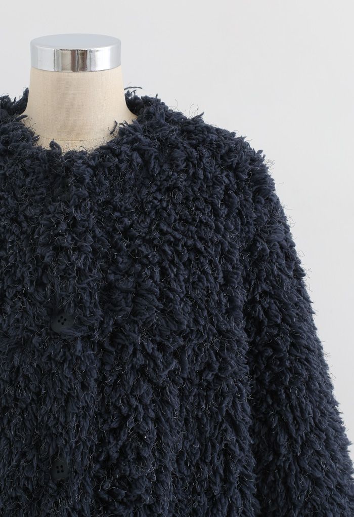 Collarless Shaggy Faux Fur Suede Coat in Smoky Blue
